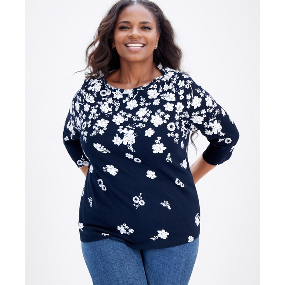 Style‎ & Co Top Womens Plus 0X Navy/White Floral Print Blouse Peasant Casual NWT